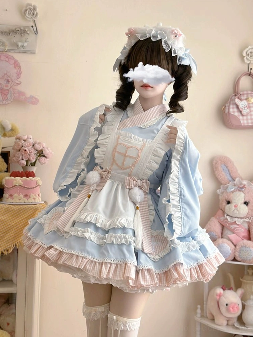 Sweet Meow maid lolita dress back detail shot showing bow construction and lace trim detailing on skirt hem