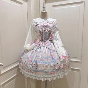 Sweet Tea Party puppy print kawaii Lolita JSK jumper skirt front view on dress form mannequin, featuring pastel pink blue fairy tale print with ruffled lace hem and coordinating bow details at bust