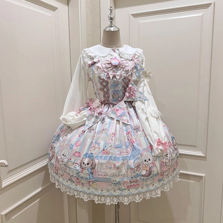 Sweet Tea Party puppy print kawaii Lolita JSK jumper skirt front view on dress form mannequin, featuring pastel pink blue fairy tale print with ruffled lace hem and coordinating bow details at bust