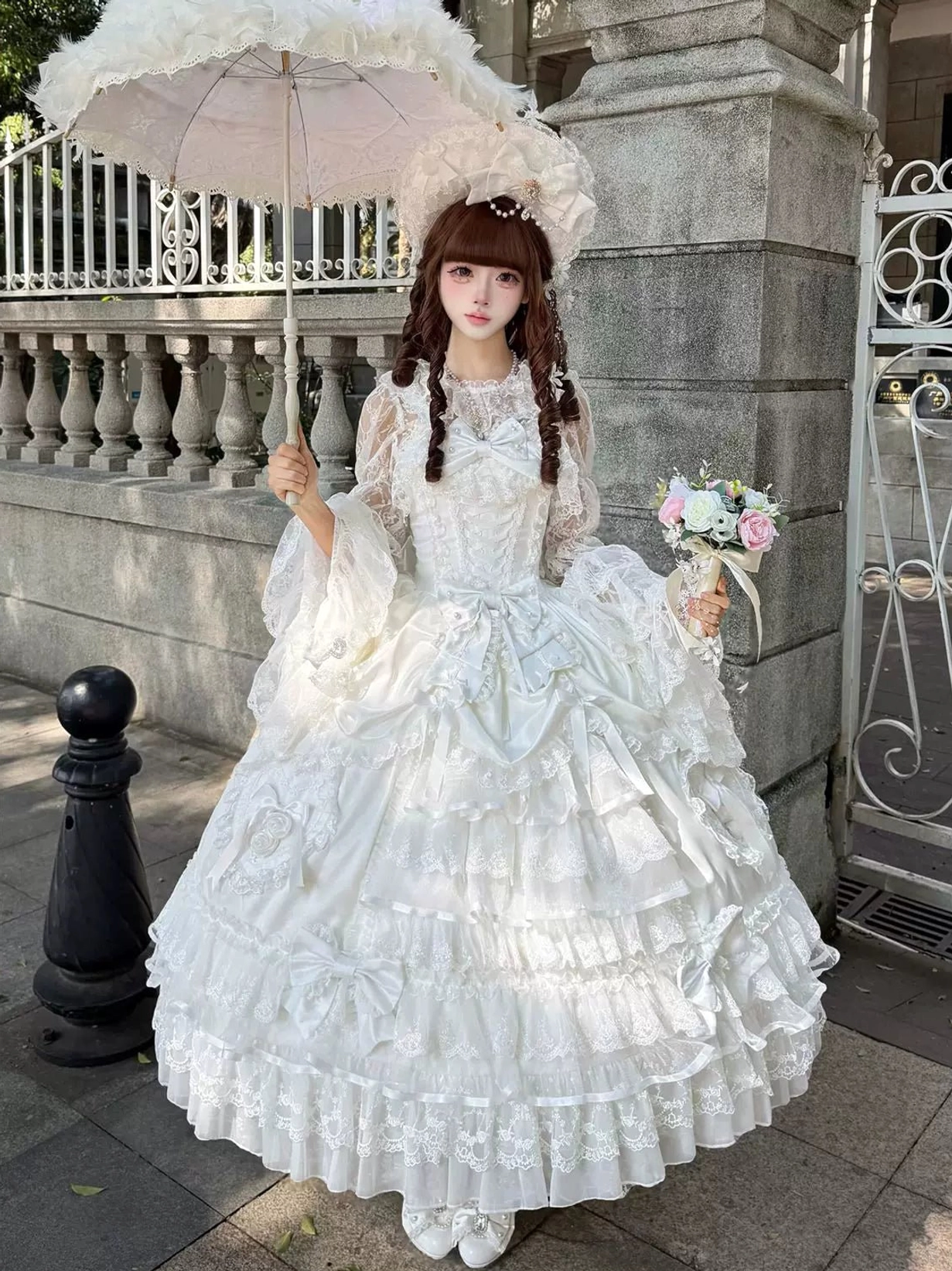 Sweet wedding Lolita JSK dress detail shot showcasing petal-shaped bodice construction, lace trim details, and high-quality fabric finishing for authentic sweet Lolita aesthetic