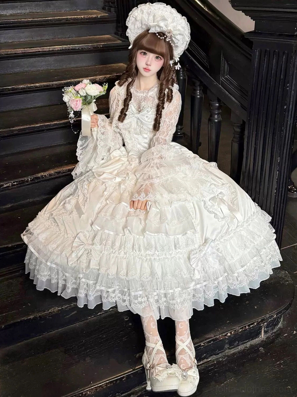 Sweet wedding Lolita JSK dress hem and ruffle detail showcase with delicate lace-trimmed multi-tiered skirt construction, demonstrating quality lace work and layering technique