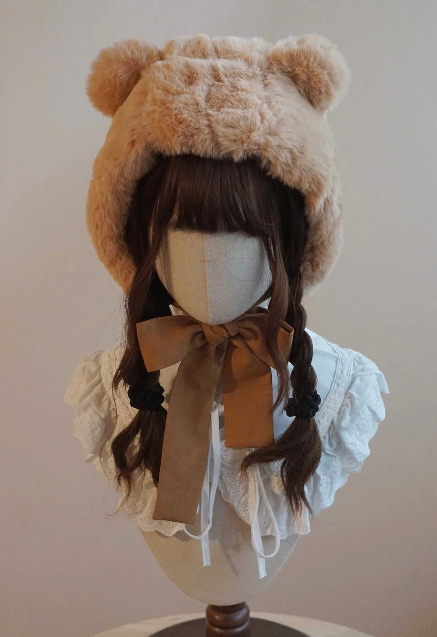 Matching tan brown bear ear fluffy hooded hat showing 3D bear ears and plush texture on lolita mannequin