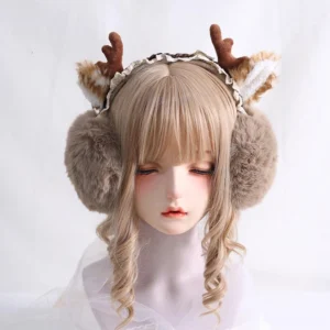 tan khaki foldable antler earmuffs lolita headband front view blonde mannequin white background