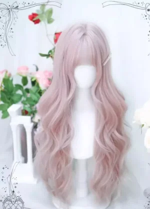 Taro pink lolita long curly wig standard front display minimalist setting with loose wavy texture and feathered air bangs styling