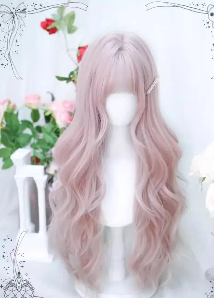 Taro pink lolita long curly wig standard front display minimalist setting with loose wavy texture and feathered air bangs styling