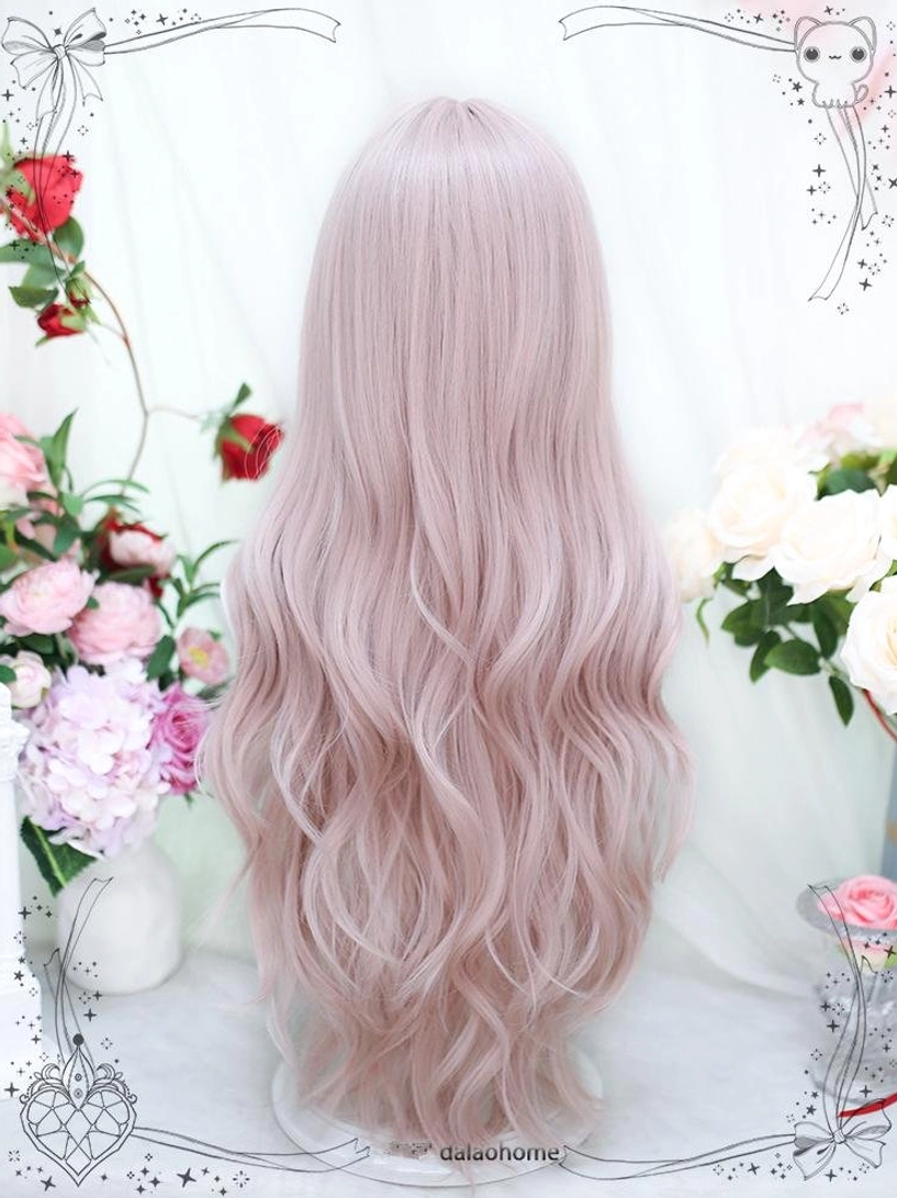Taro pink lolita long curly wig back view showing uniform loose wavy texture and full length hair on mannequin with floral backdrop