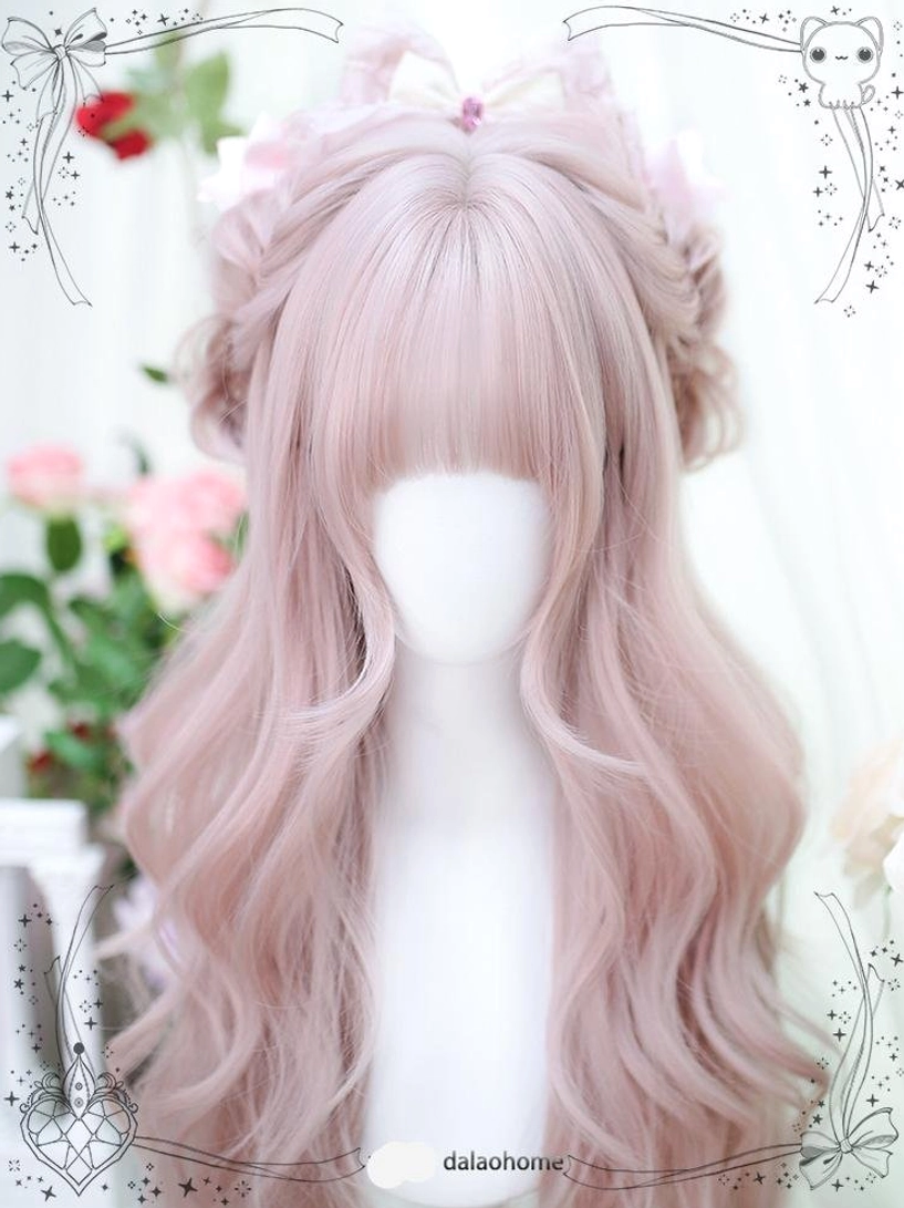 Close-up detail view of taro pink lolita wig with half-up braided hairstyle decorated hair bow and soft dusty pink wavy locks