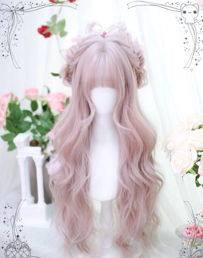 Styled taro pink lolita long curly wig full-body front display with decorative half-updo and romantic floral studio background