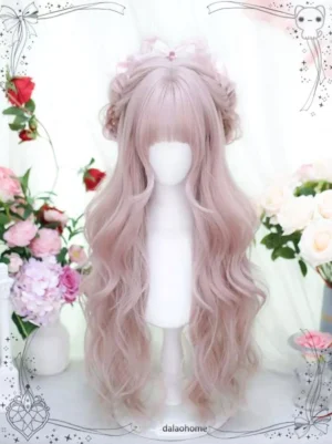 Dalao Home taro pink lolita long curly wig front view with romantic half-up braided hairstyle and air bangs on mannequin with floral backdrop