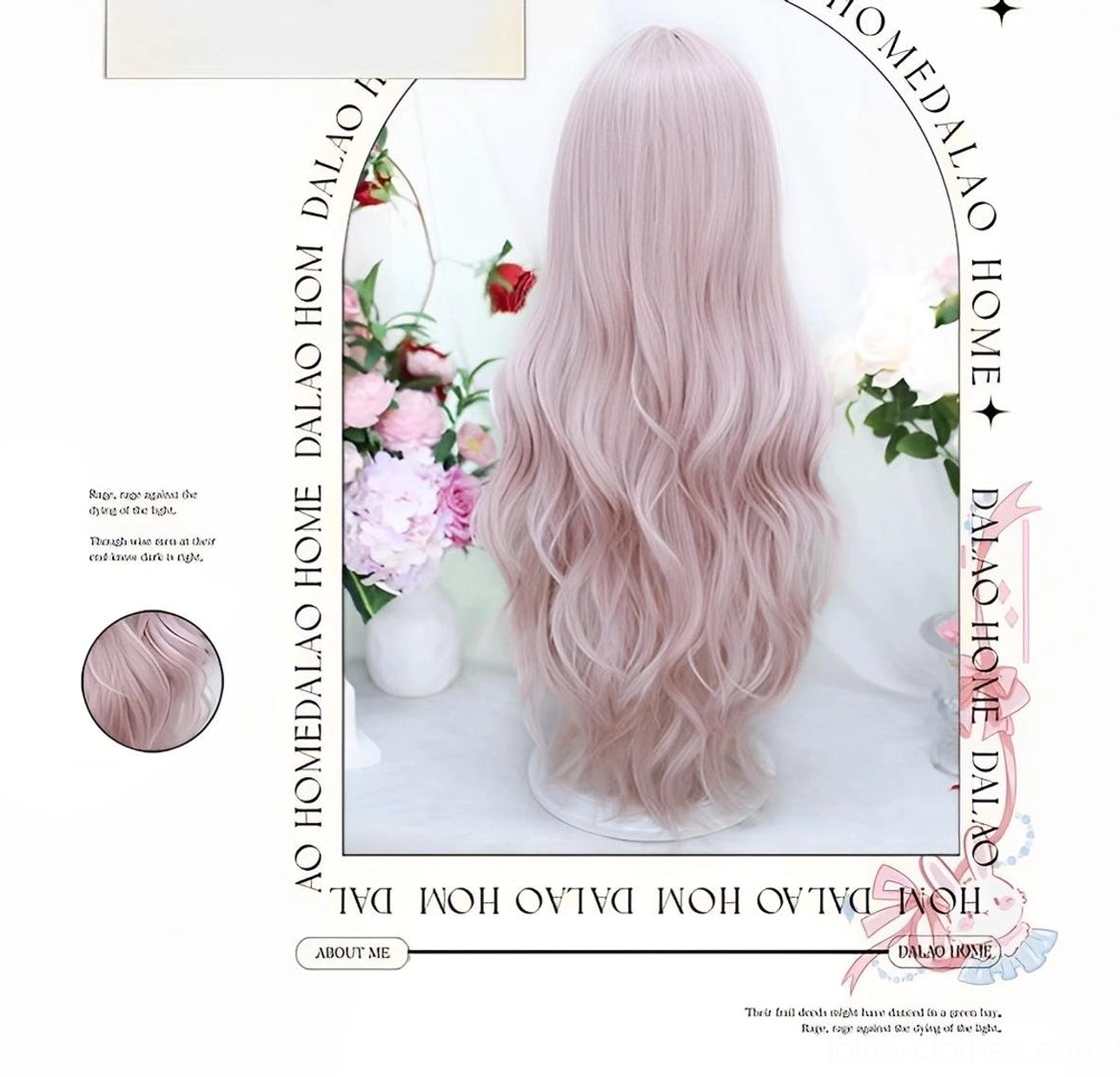 Multi-angle commodity display collage of taro pink lolita long curly wig featuring various styling options and product showcase angles