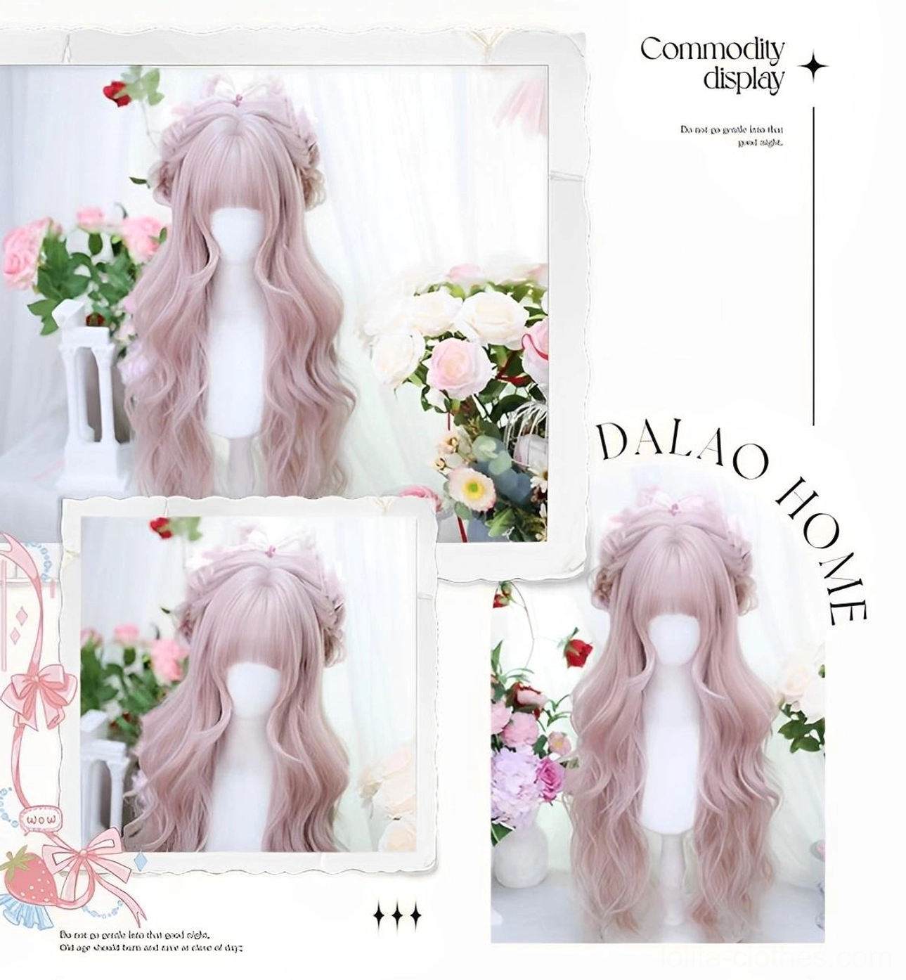 Side-by-side comparison of two taro pink lolita long curly wigs with half-up braided hairstyles on floral studio backdrop