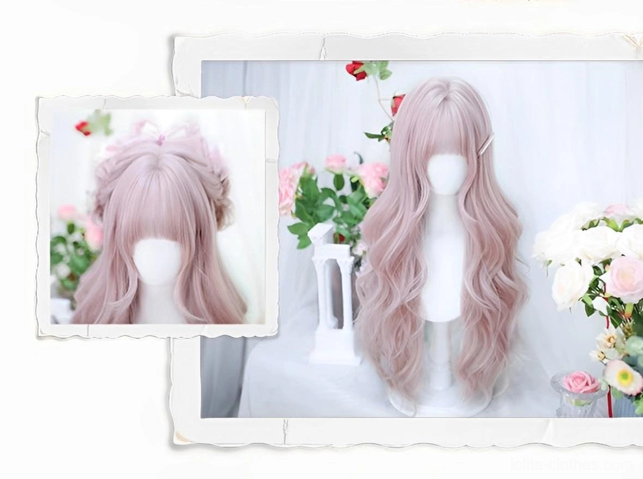 Split-view collage of taro pink lolita wig showing close-up half-updo detail on left and full front view on right with romantic floral background