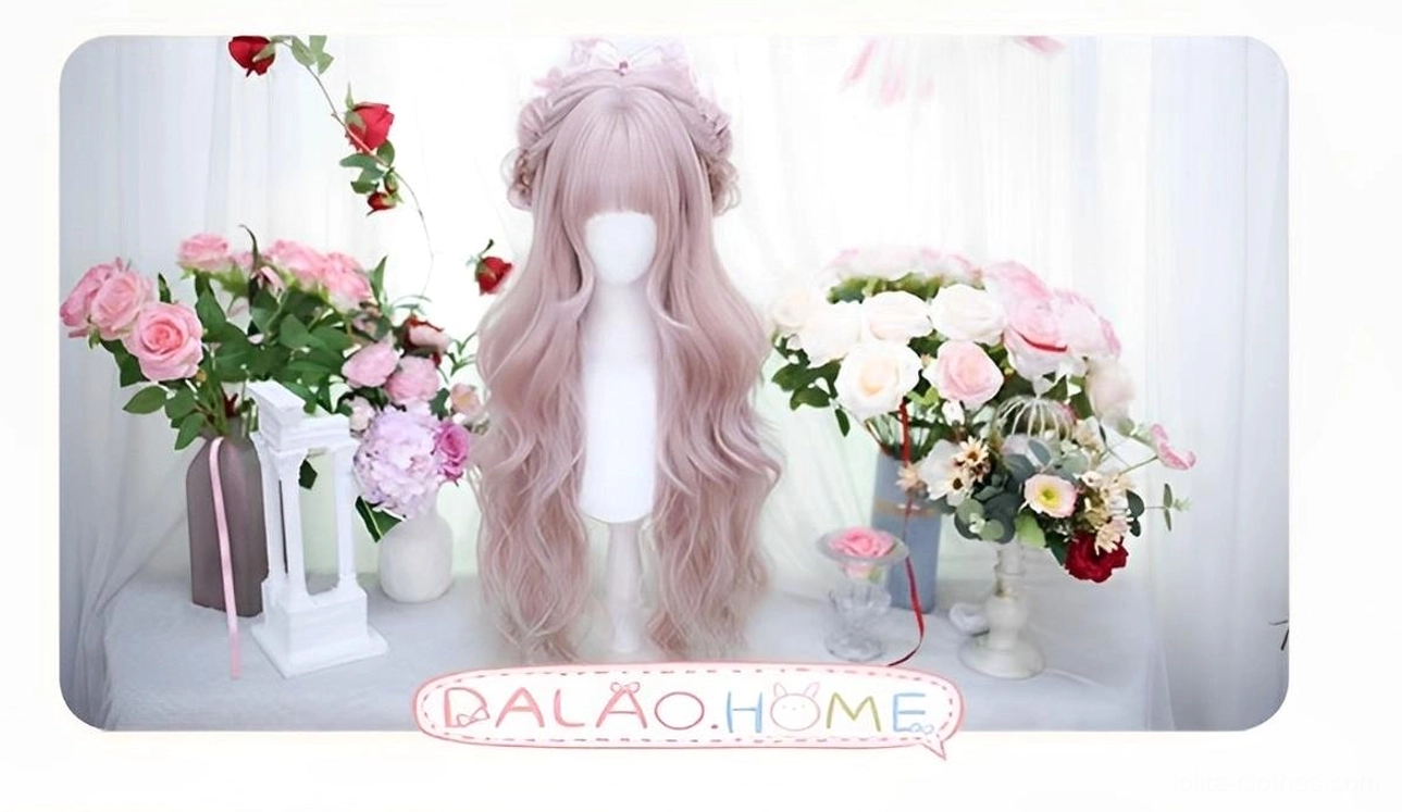 Wide studio display of taro pink lolita long curly wig with half-updo styling and multiple floral arrangement props showcase