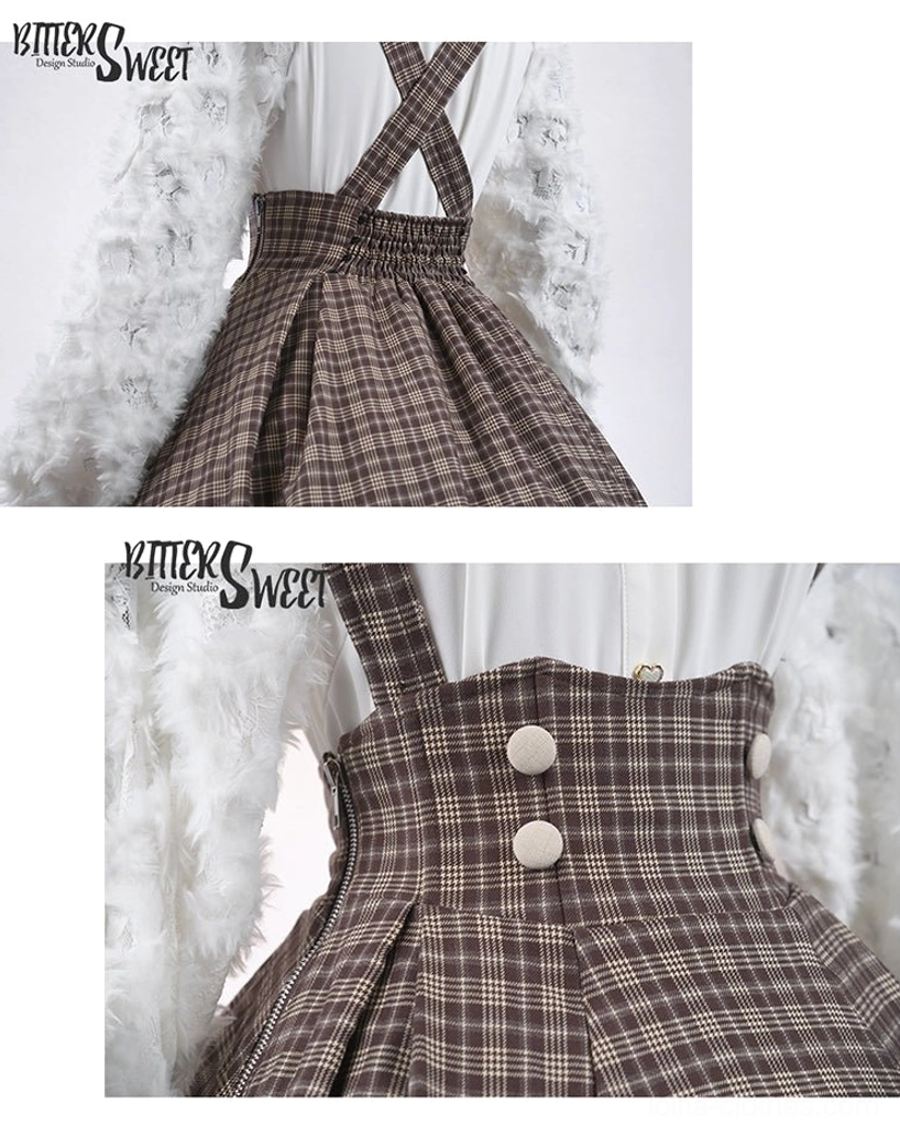 Tartan Lolita skirt back detail close-up showing cross-back suspender system, elasticated waistband construction, reinforced stitching and brown tartan fabric texture