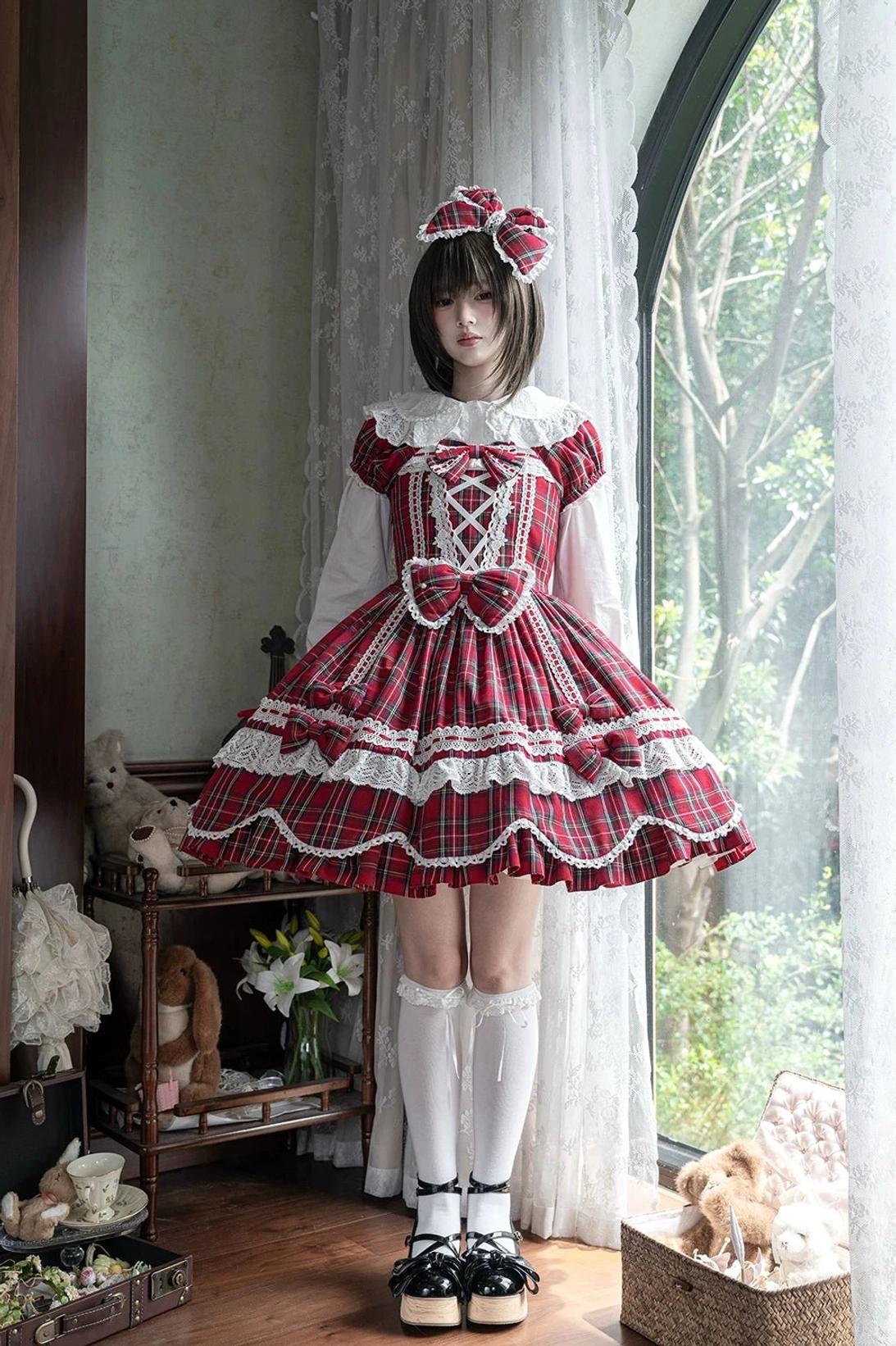 Tartan plaid lolita one-piece dress color option variations showing red and green tartan pattern choices available for purchase