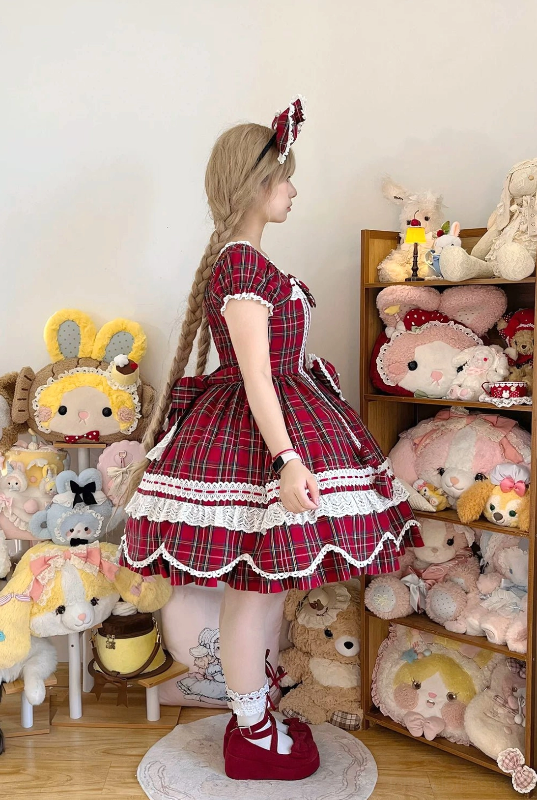 Tartan plaid lolita one-piece dress front detail showing square neckline, lace trim, front bow decoration, and refined embellishment Old School style