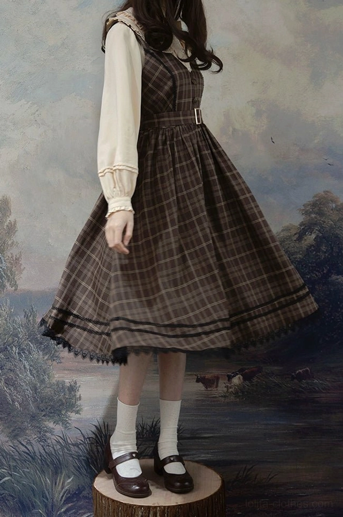 Plaid lolita jumper skirt dress side view on model with wooden display stand vintage oil painting backdrop tartan pattern lace-trimmed hem a-line skirt