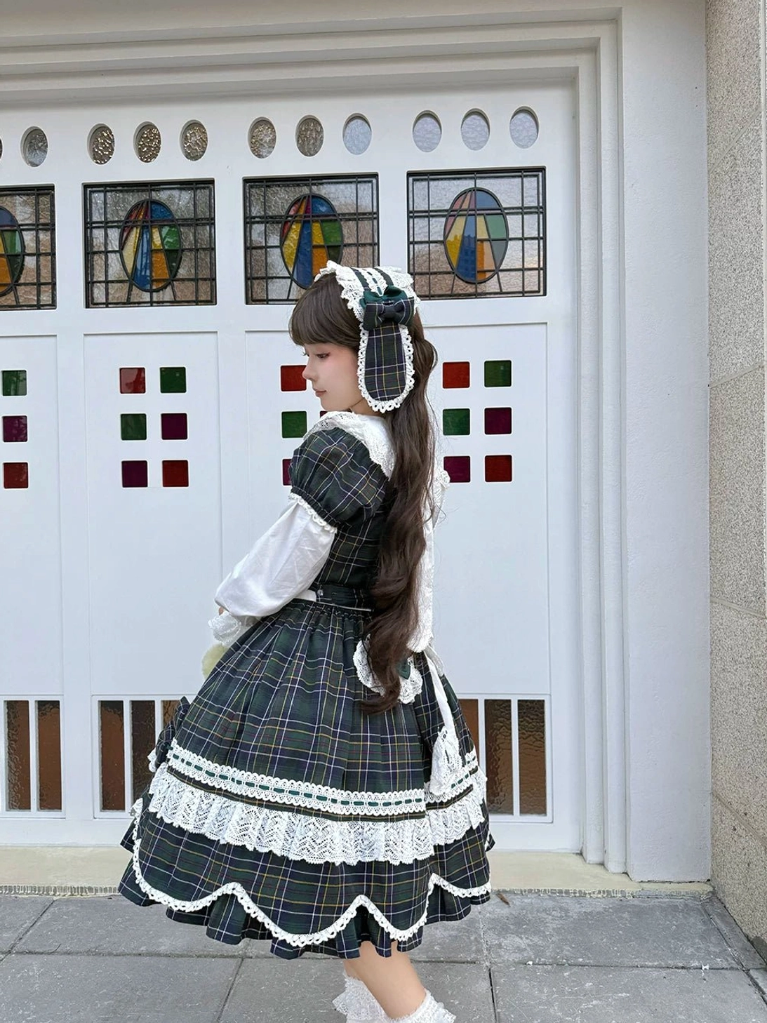 Tartan plaid lolita OP dress showing lining quality, interior construction, and 100% cotton lining detail feature