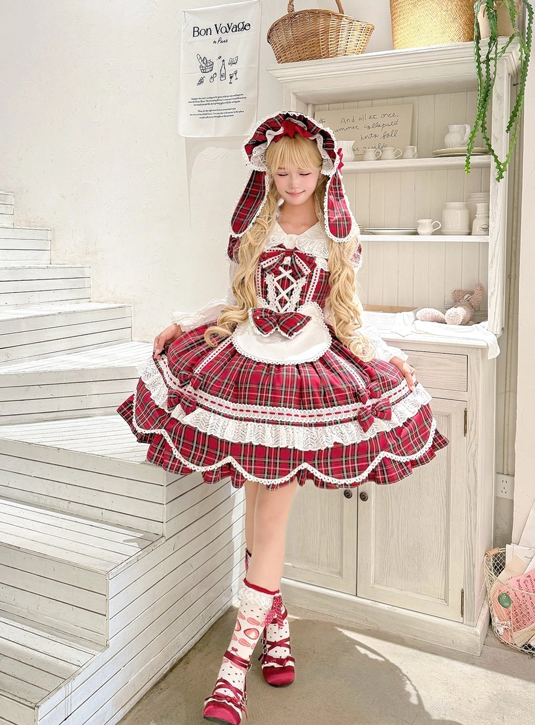 Tartan plaid lolita dress showing side zipper closure, functional side pocket placement, and wearability design features on model