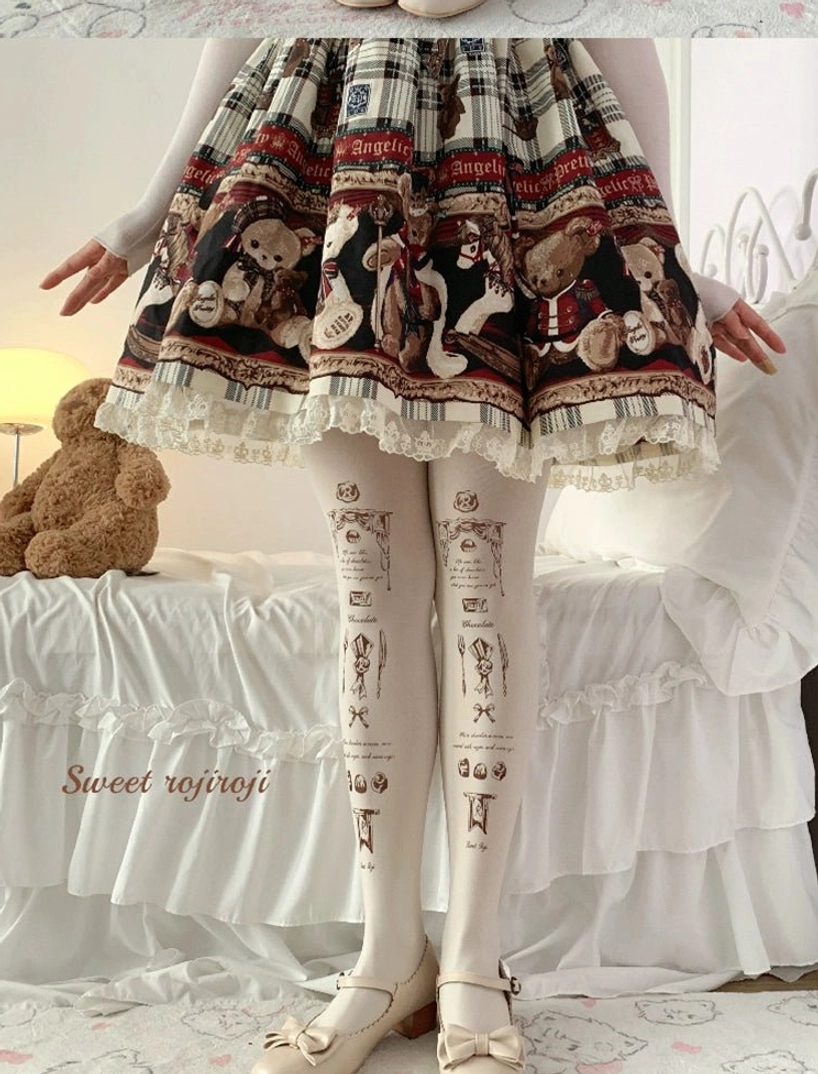 Side view white velvet tattoo print lolita stockings plaid bear skirt cozy bedroom aesthetic beige bow mary jane shoes detail