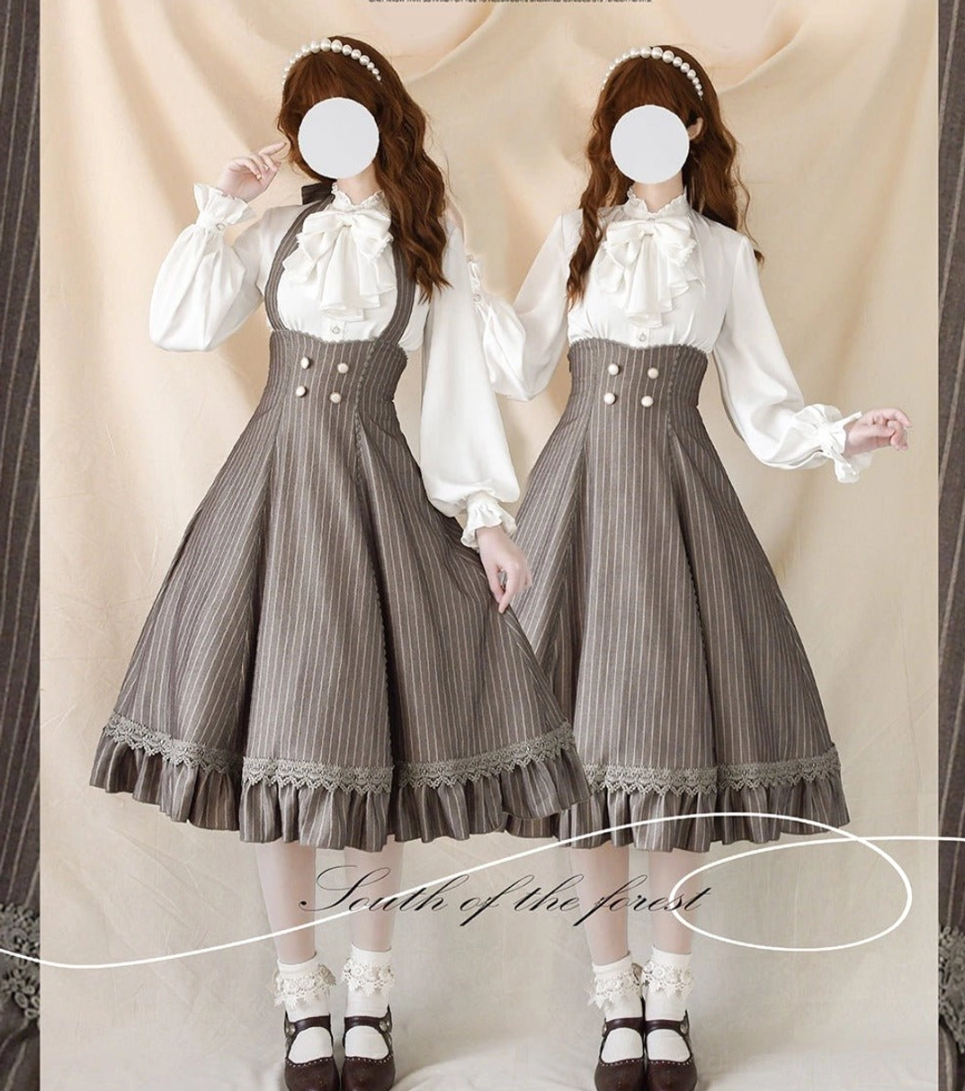 Taupe brown striped JSK and white French ruffled blouse complete coordinate full body view two models, frill collar detachable jabot bow, lolita fashion set