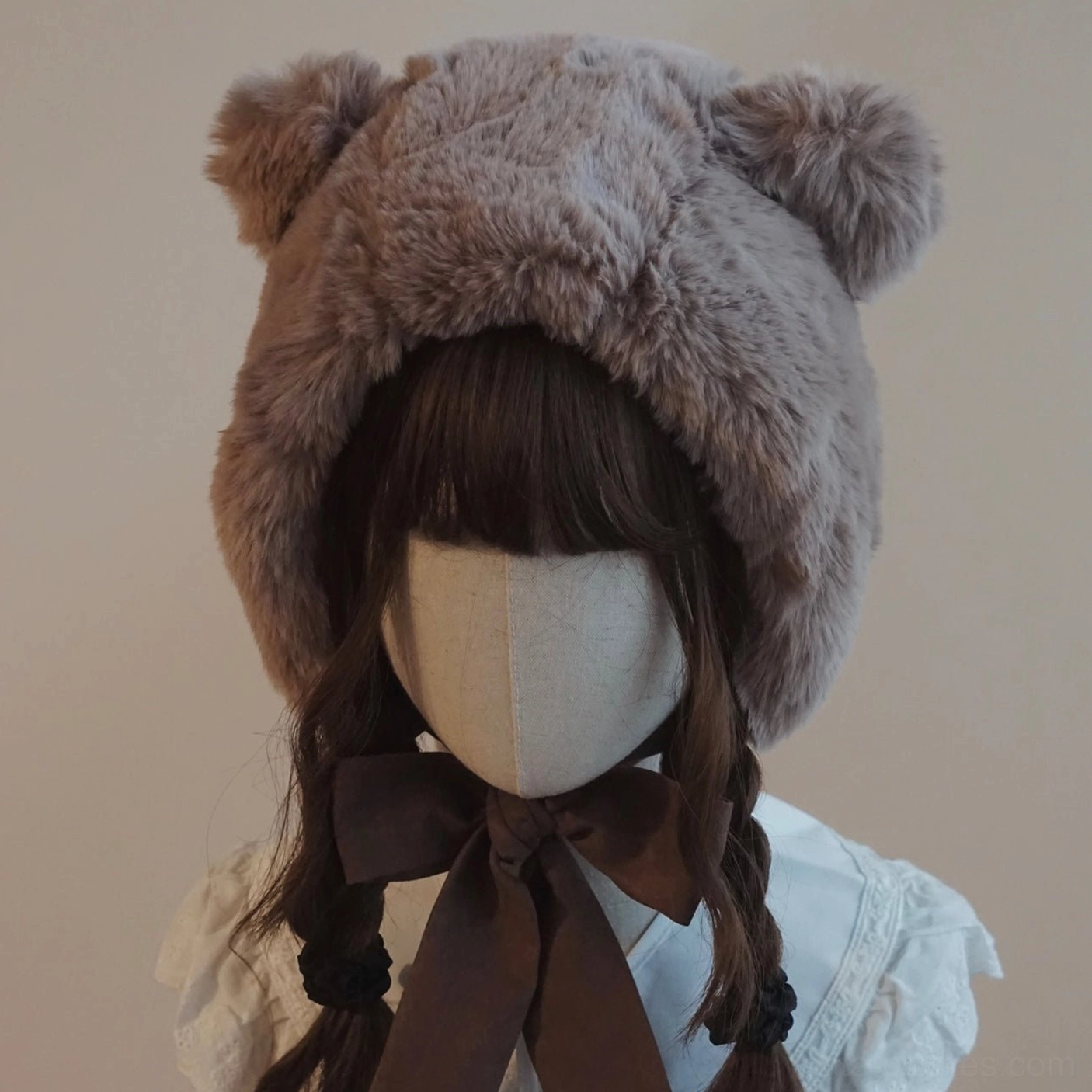 Taupe grey-brown bear ear fluffy hooded lolita hat with dusty tone sherpa fleece on mannequin