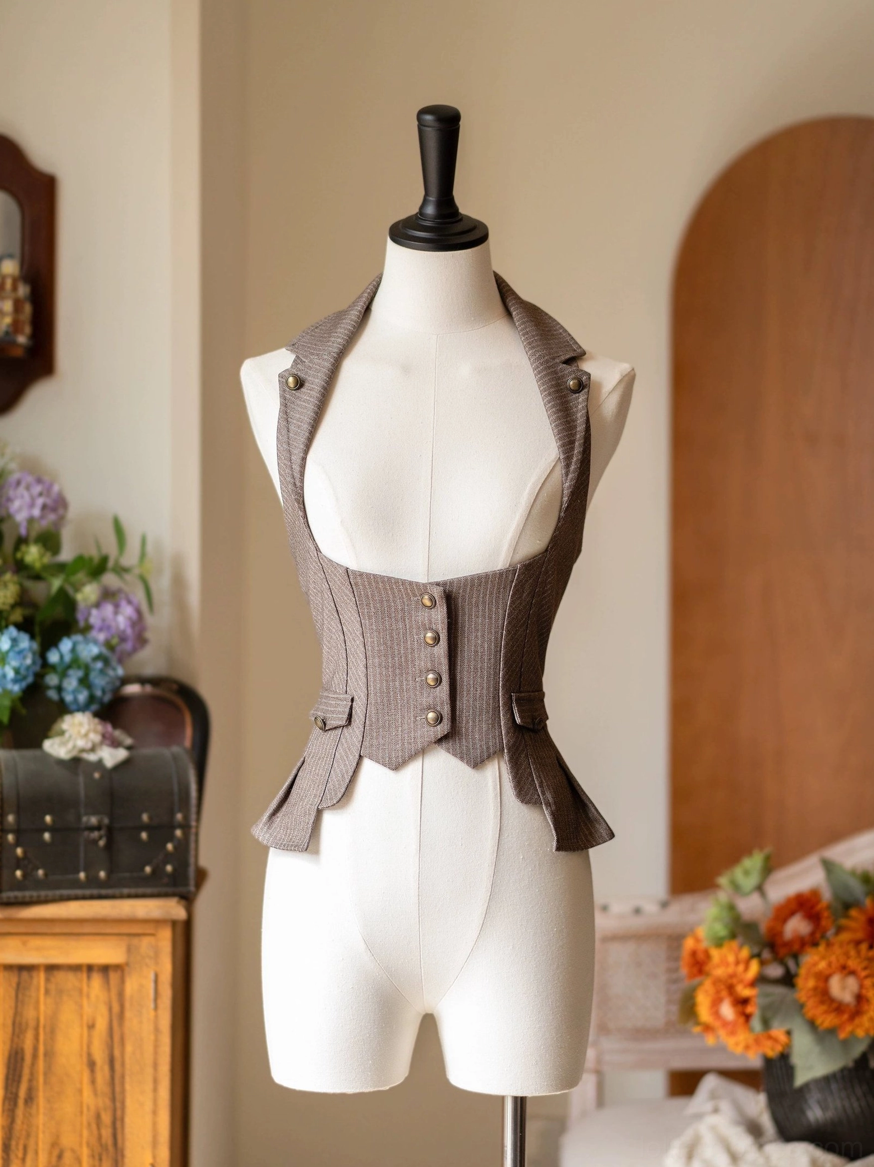 Taupe brown pinstriped classic lolita vest front view mannequin showing tailored silhouette and structured collar