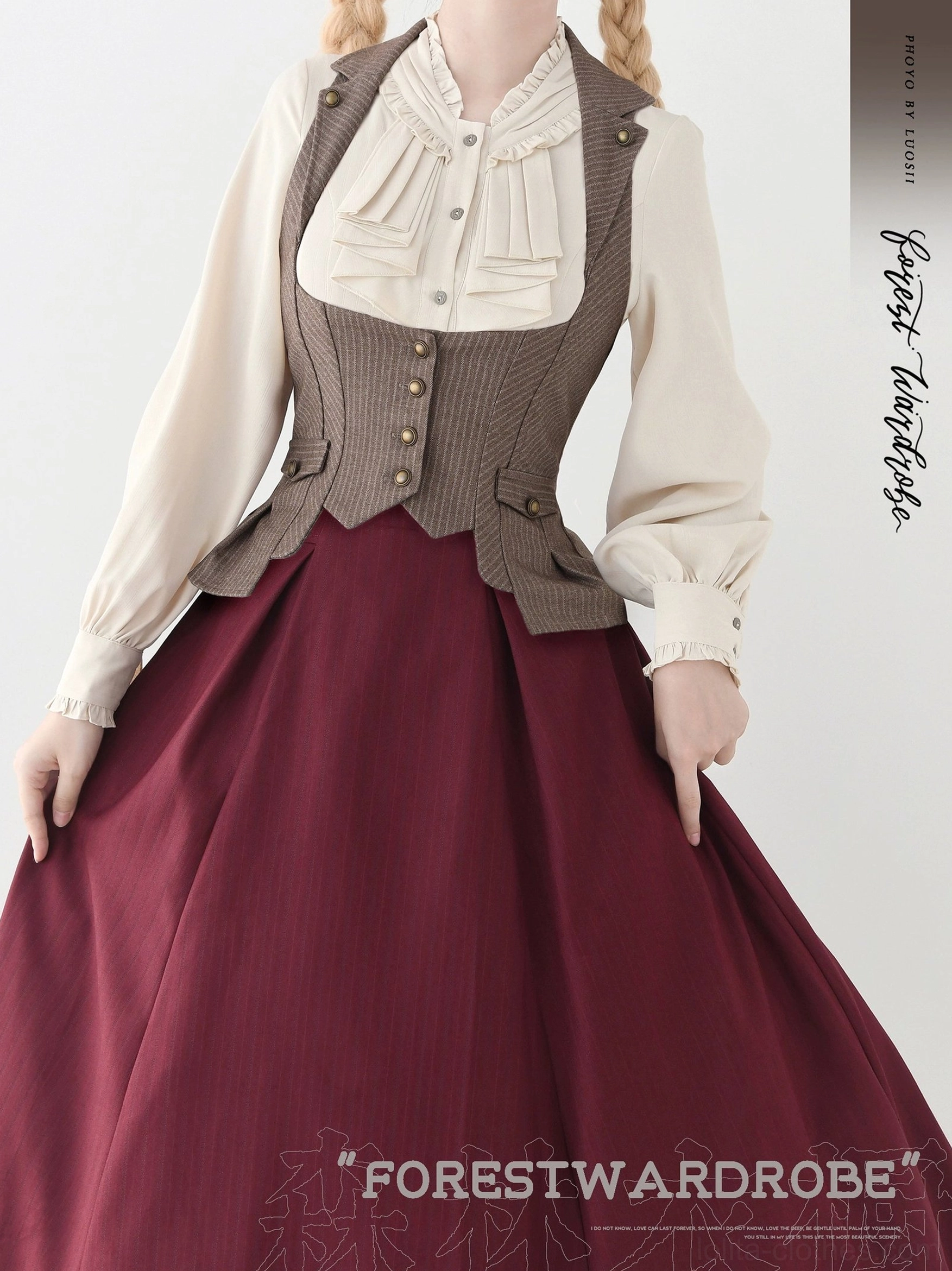 Taupe pinstriped lolita vest complete coordinate with ruffled white blouse striped a-line midi skirt retro aesthetic