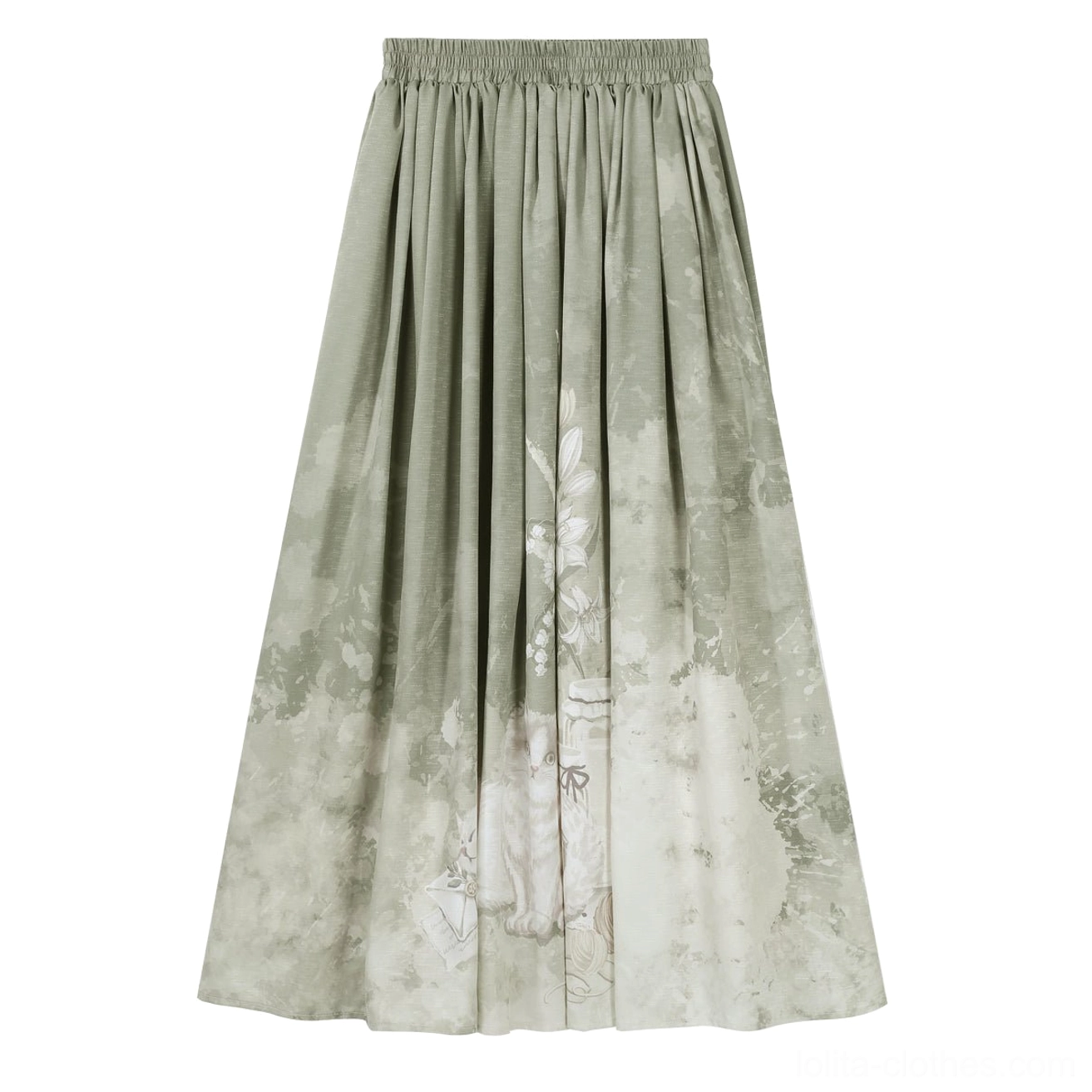 High-waisted tea-length sage green skirt with vintage botanical cat and floral print lower section and elastic waistband flat lay front view on plain background