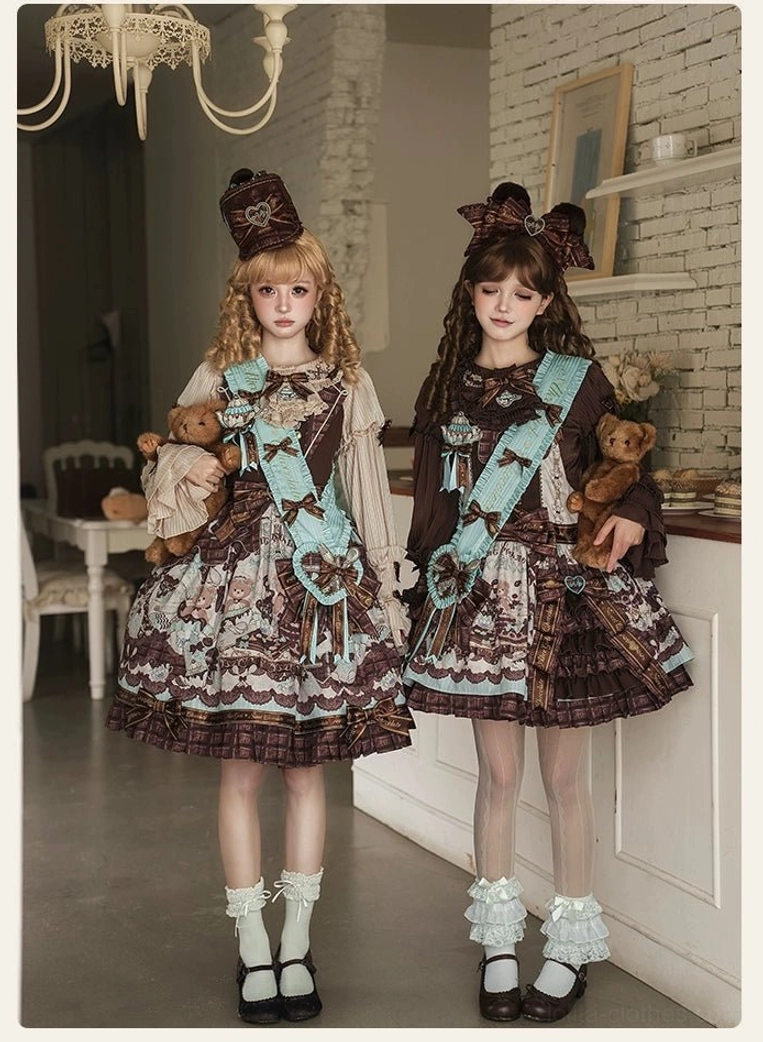 Matching chocolate-themed lolita coordinate sets front full body view two models tea party printed layered skirts cafe dining
