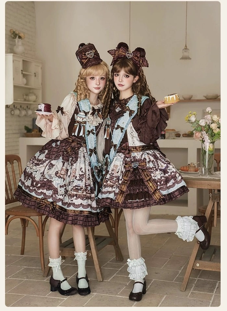 Twin tea party lolita outfits front full body vintage cafe countertop scene mixed colored blouses ruffled tiered skirts