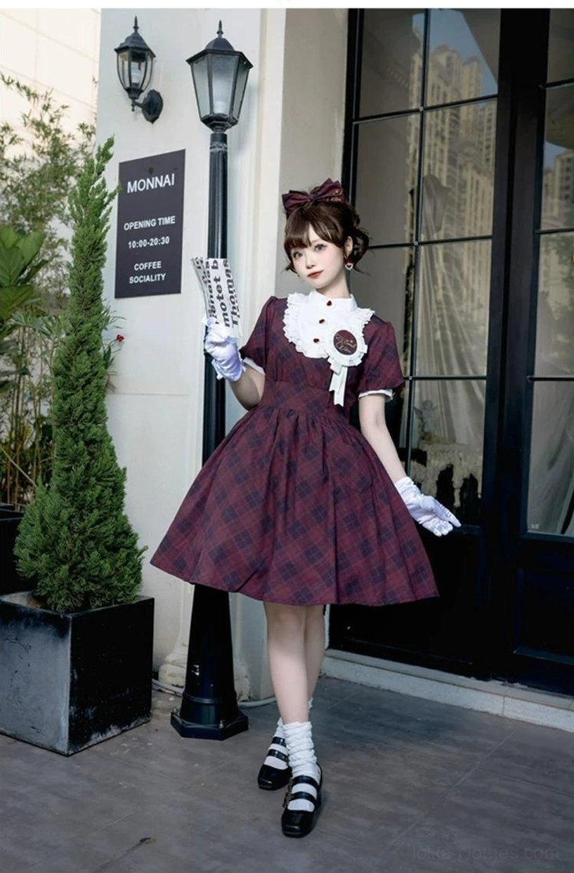 Teal blue plaid lolita OP dress full-body side walking view showing comfortable fit and natural graceful skirt movement at indoor glass doorway