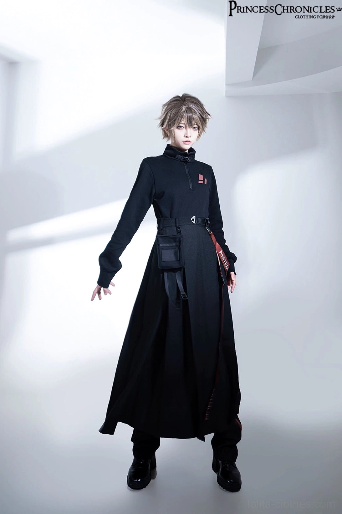 Techwear A-line skirt with integrated inner shorts showing side slit and slimming vertical pleat construction