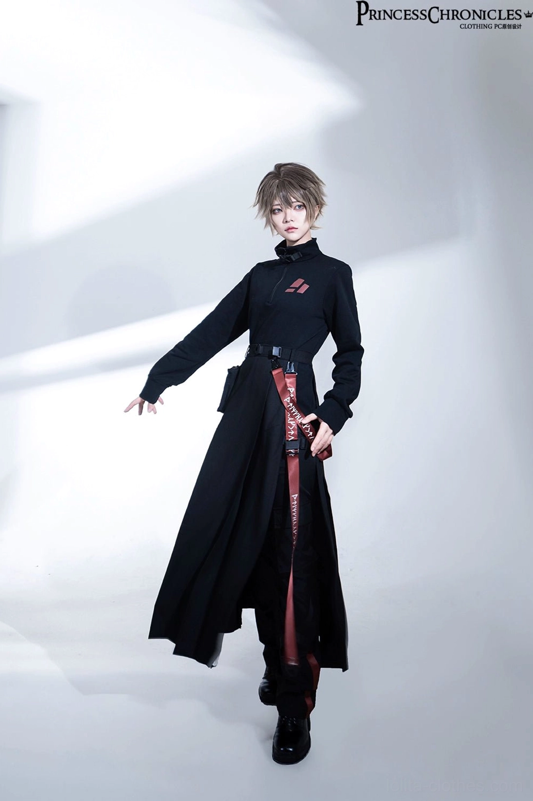 Three-quarter view techwear ensemble showcasing left arm and side split skirt design detail