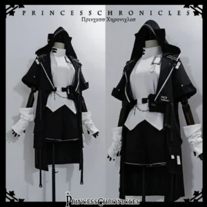 Techwear cropped white high-neck sweater black shorts lolita set front static display dress form studio backdrop chain waist bag detail