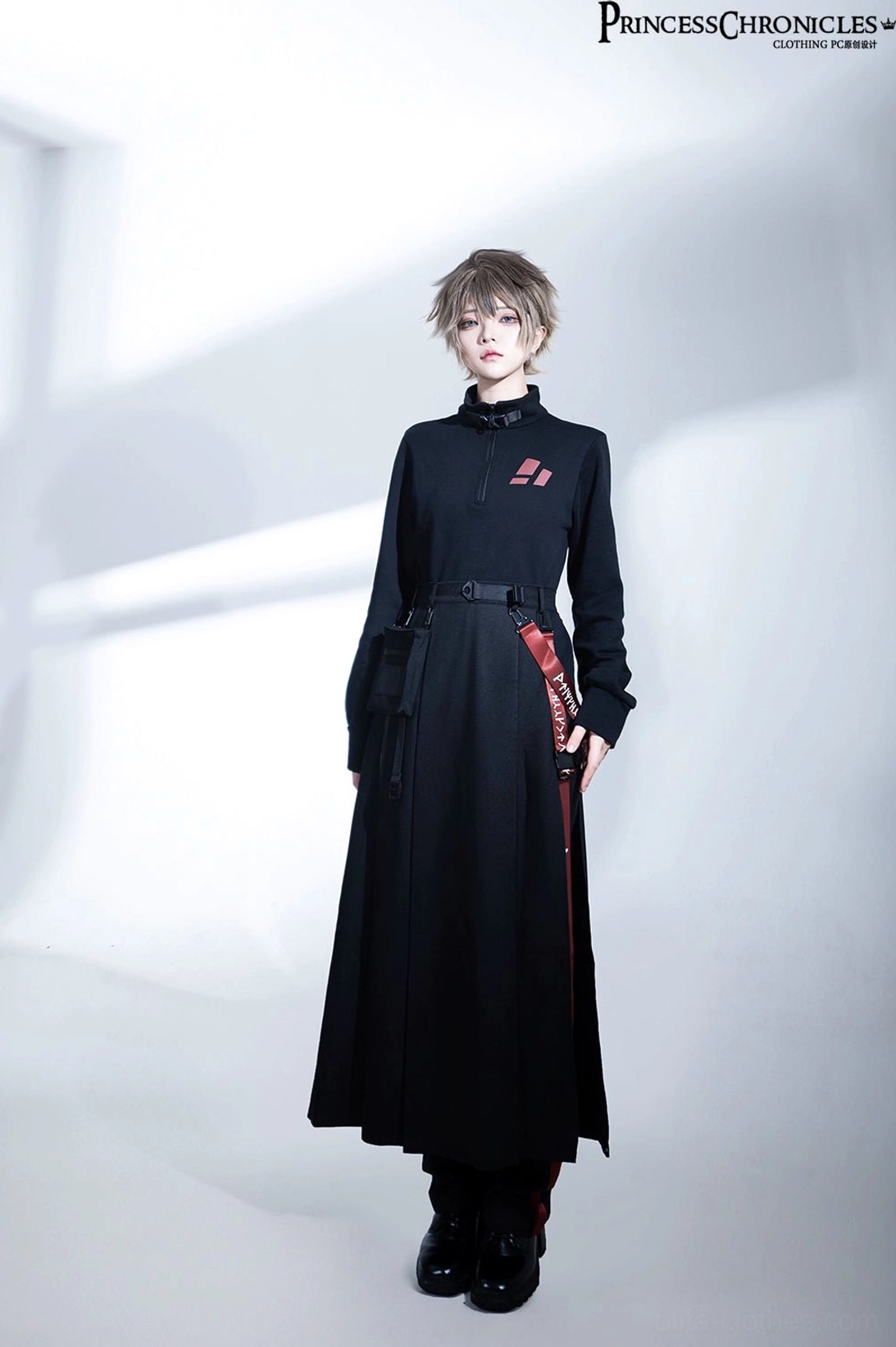 Techwear skirt side slit open view showing integrated inner shorts layering and utility webbing
