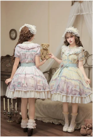 Back view of sweet lolita teddy bear dollhouse op dress with castle print ruffled skirt hem and lace details on models wearing lace socks and round shoes