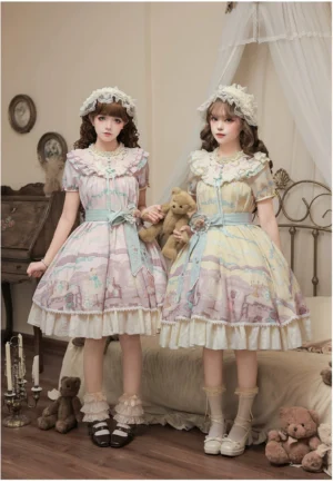 Front view of kawaii lolita teddy bear dollhouse printed op dress featuring embroidered collar with ruffles and decorative bows on two female models in vintage bedroom setting