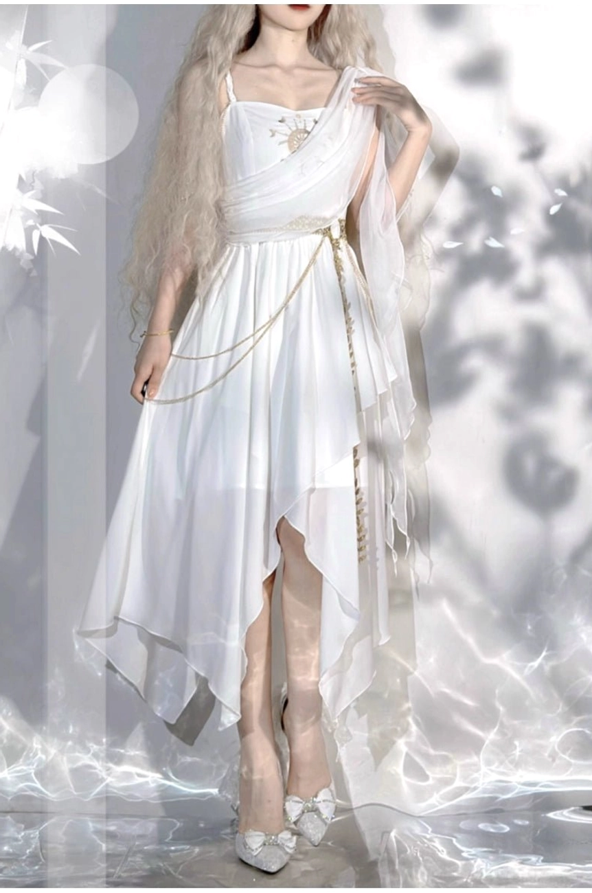 Tethys Tears Greek JSK dress care maintenance instructions showing hand washing delicate cycle air dry storage protection for elastic chiffon and embroidered details