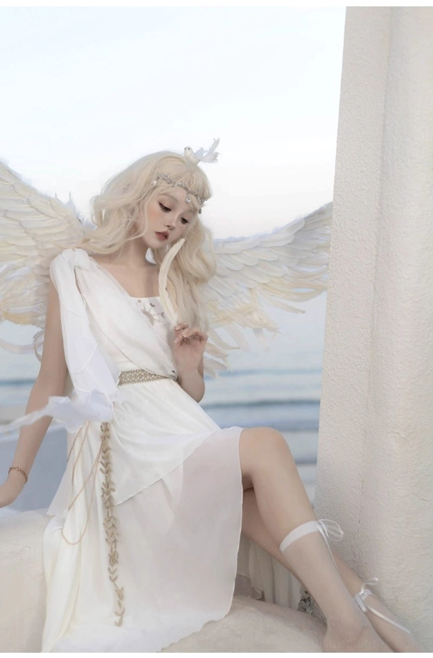 Tethys Tears Greek white chiffon JSK dress paired with white lace headdress layered pendant necklace showing complete mythological goddess lolita styling and accessory coordination