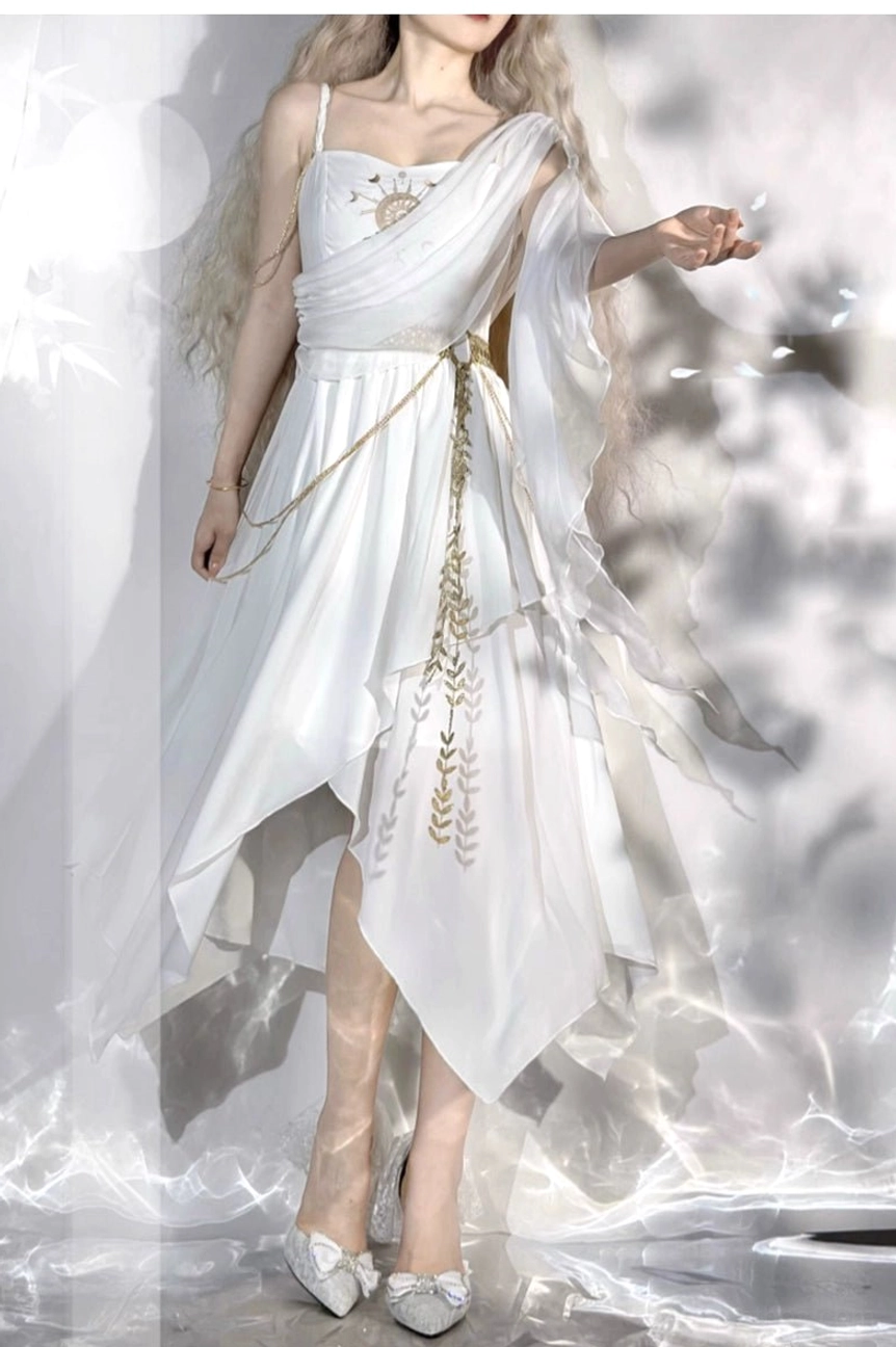 Tethys Tears Greek JSK dress fabric close-up showing elastic chiffon texture 3D flounce layer delicate breathable material quality detail