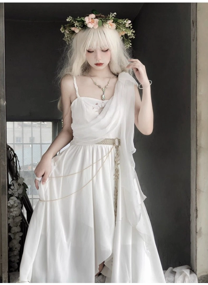 Tethys Tears Greek JSK dress gold waist chain pendant detail showing leaf charm and gold-tone sculptural waist belt decoration on white chiffon fabric