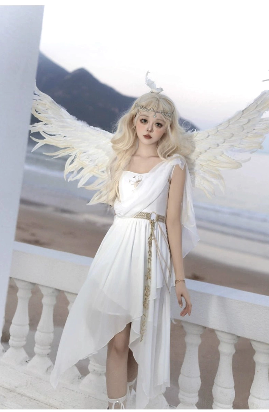 Tethys Tears Greek one-shoulder white chiffon JSK dress handkerchief hemline asymmetric staggered skirt edge detail showing flowy irregular midi hem construction