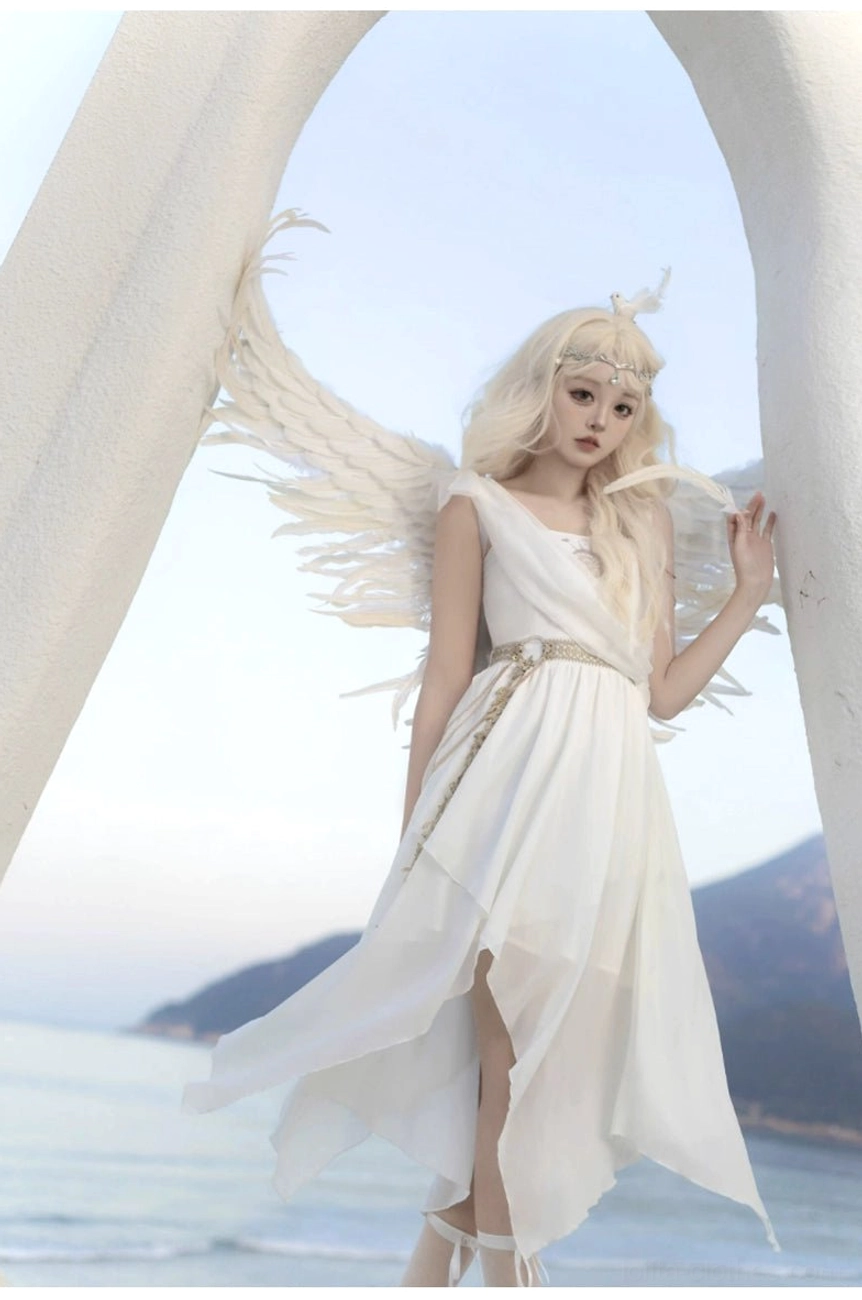 Tethys Tears Greek one-shoulder white chiffon JSK dress modeled three-quarter length view showing how asymmetric camisole strap creates visual interest and goddess silhouette from angled perspective