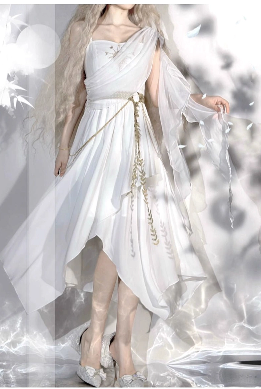 Tethys Tears Greek one-shoulder white chiffon JSK dress modeled outdoors garden setting showing how asymmetric design and handkerchief hem photograph in natural daylight movement