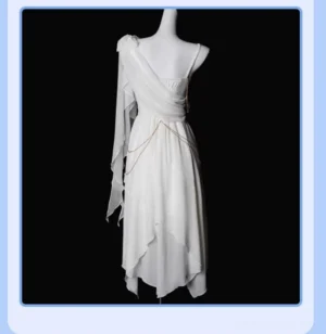 Tethys Tears Greek JSK dress back view on mannequin showing backless square design with draped chiffon shoulder sash, uneven midi hemline, and gold waist belt chain decoration