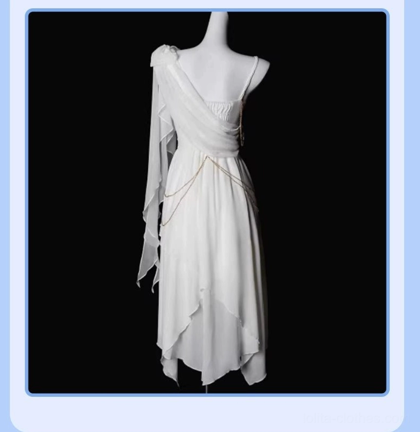 Tethys Tears Greek JSK dress back view on mannequin showing backless square design with draped chiffon shoulder sash, uneven midi hemline, and gold waist belt chain decoration