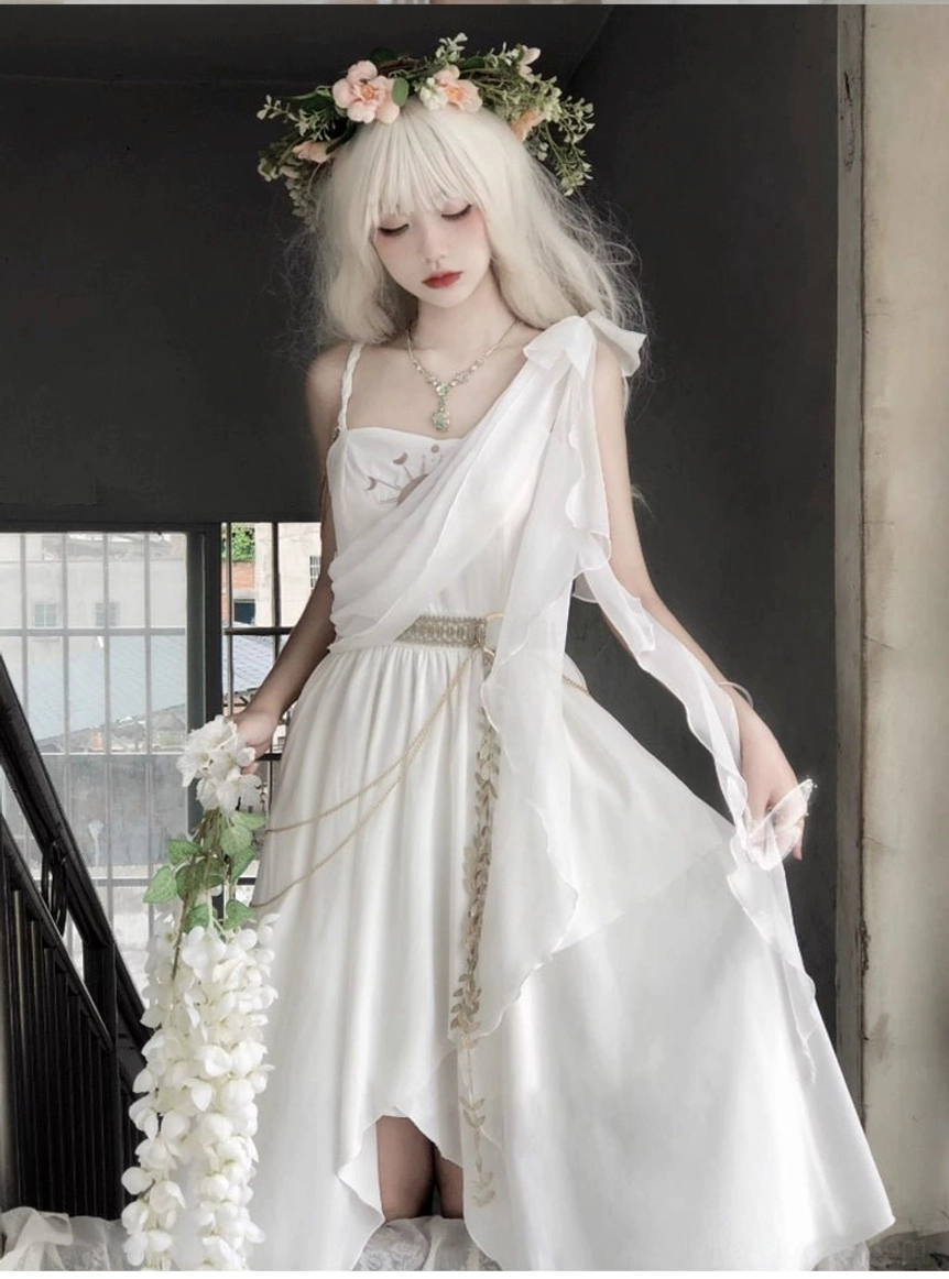 Tethys Tears Greek goddess white chiffon JSK dress full front three-quarter view on flower crown model pure white asymmetric draped shoulder design gold waist chain decoration flowy uneven skirt window backdrop