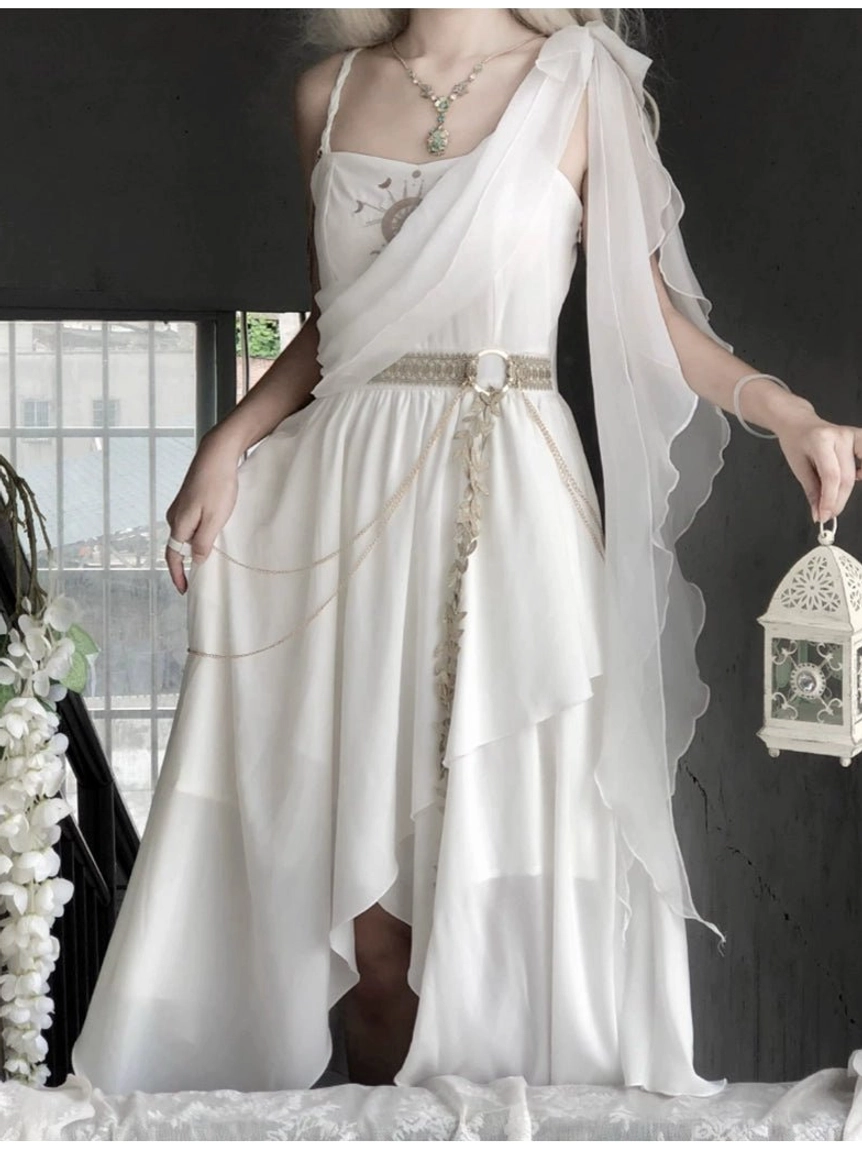 Tethys Tears Greek goddess white chiffon JSK dress worn by model full front three-quarter view with one-shoulder draped sash gold waist belt chain A-line flowy skirt pendant necklace and vintage white lantern prop