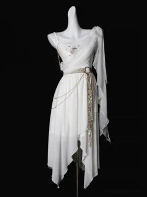 Tethys Tears Greek one-shoulder white chiffon JSK dress front view flat lay on mannequin with asymmetric handkerchief hem, embroidered bust detail, and gold waist chain leaf pendant